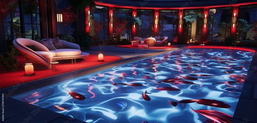 A luxury backyard with a pool featuring 3D patterns in glowing cobalt, electric crimson, and neon pearl, set against a backdrop of an exclusive VIP club area and a minimalist Japanese koi pond, in A luxury backyard with a pool featuring 3D patterns in glowing cobalt, electric crimson, and neon pearl, set against a backdrop of an exclusive VIP club area and a minimalist Japanese koi pond, in