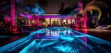 A modern backyard oasis with a pool surrounded by a laser light display in striking red and blue, creating 3D intricate, laser show patterns, laser light luxury