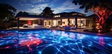 A modern backyard oasis with a pool surrounded by a laser light display in striking red and blue, creating 3D intricate, laser show patterns, laser light luxury