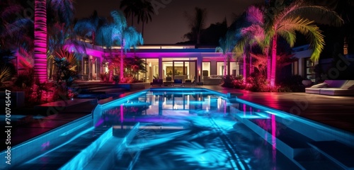 A modern backyard oasis with a pool surrounded by a laser light display in striking red and blue, creating 3D intricate, laser show patterns, laser light luxury photo