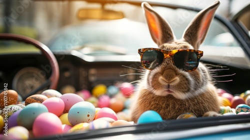 Cute Easter Bunny with sunglasses looking out of a car filed with easter eggs photo