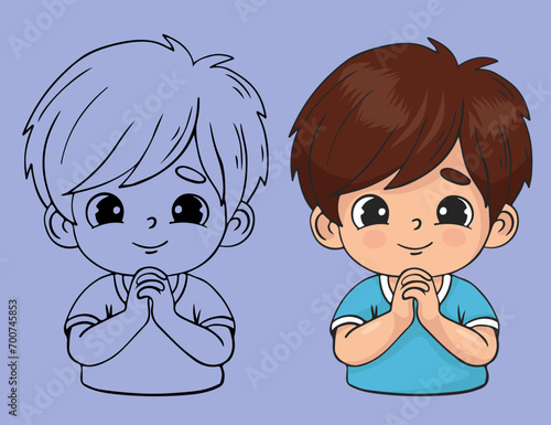 Praying boy with folded hands in prayer. Isolated colored and linear hand drawing. Religious believer male child character. Kids collection