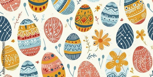 Cute hand-drawn easter eggs horizontal seamless pattern, fun easter decoration, great for banners, wallpapers, card design.