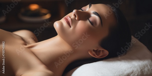 Gorgeous lady receiving spa treatment, lying on massage table with eyes shut, indulging in relaxation and rejuvenation.