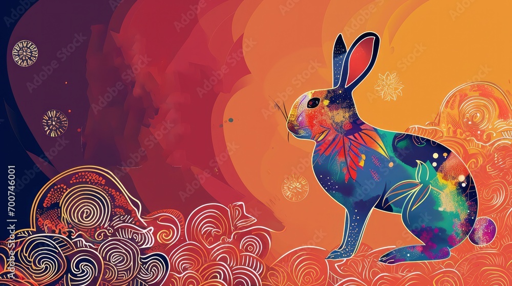 Chinese new year 2024 year of the rabbit - Chinese zodiac symbol, Lunar new year concept, colorful modern background design.