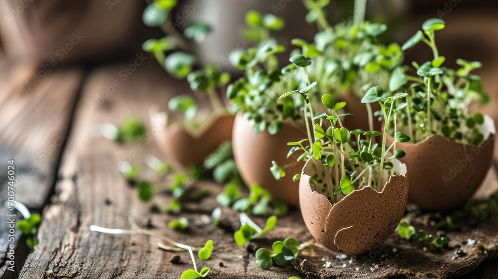 Microgreens in the eggshells, spring and easter concept - obrazy, fototapety, plakaty 