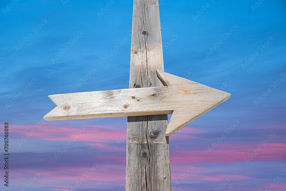 Fototapeta premium Wooden arrow on a post, with soft sunset sky in the background