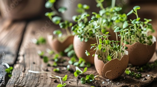 Microgreens in the eggshells, spring and easter concept photo