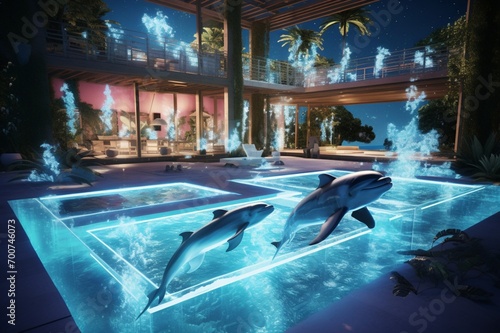 A modern backyard with a pool featuring a series of interactive hologram dolphins, their movements creating 3D intricate, aquatic patterns, hologram haven © Nairobi 