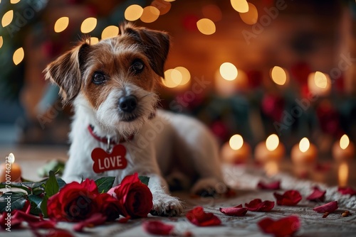 A dog with a rose holding a red sign saying LOVE text photo