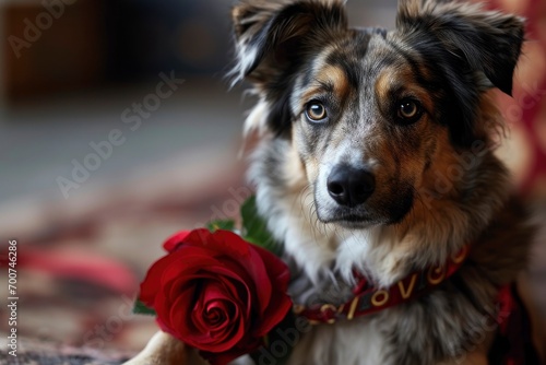A dog with a rose