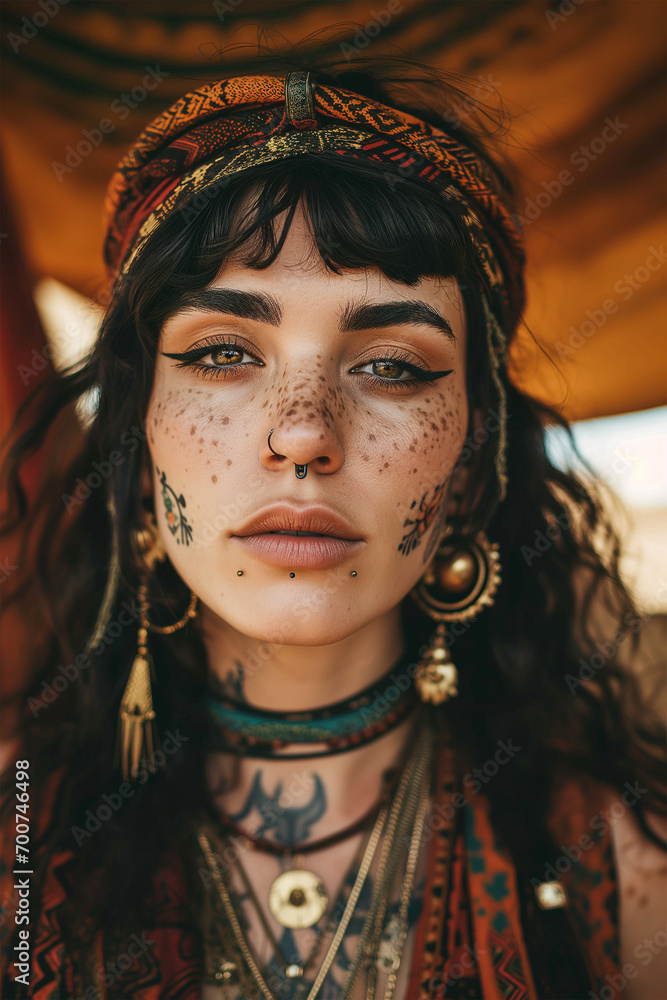 portrait of a young woman with ethnic oriental makeup and colorful dress; gorgeous lady with tattoos and indian golden jewelry. 