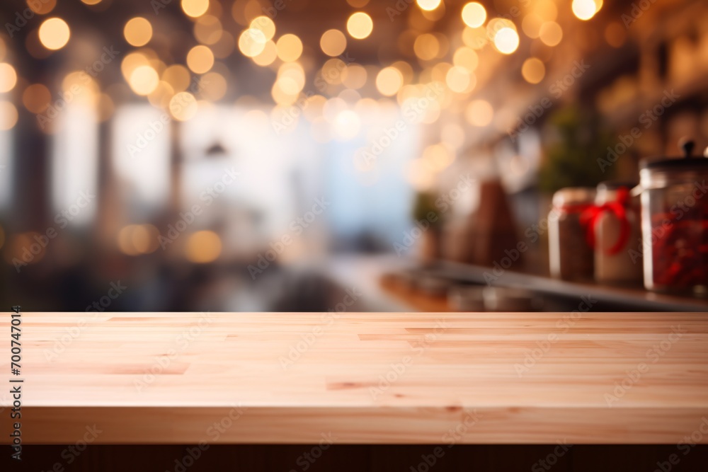 Spacious wooden table with stunning blurred kitchen backdrop, perfect for product placement.