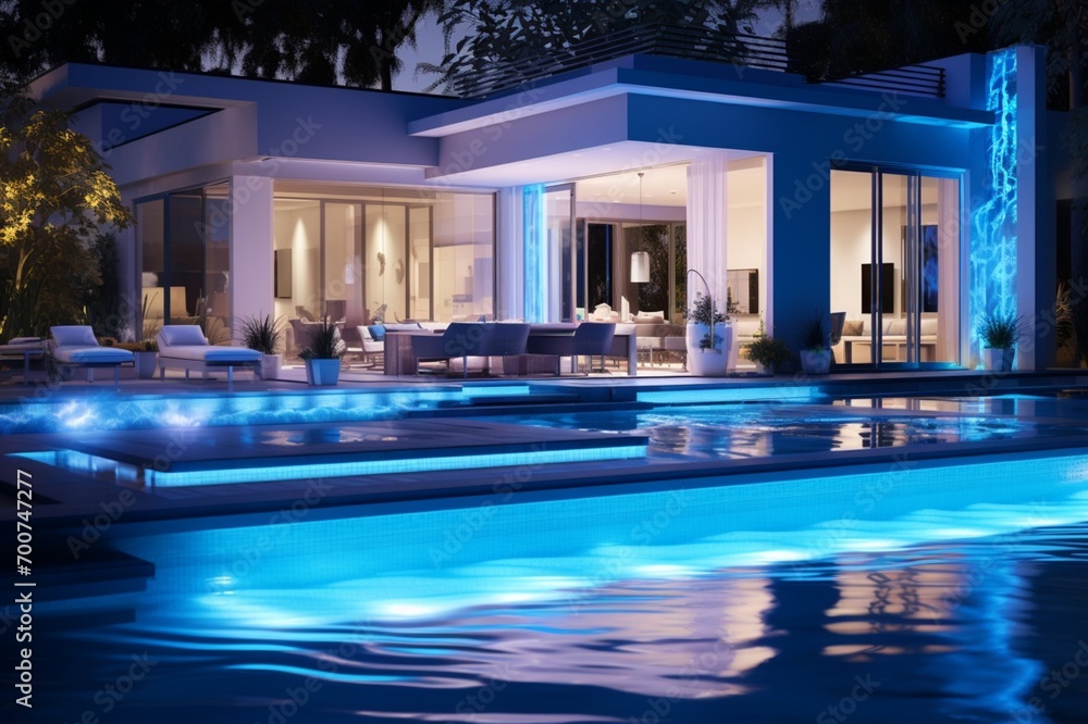A modern backyard with a pool featuring an ice-blue lighting scheme, creating 3D intricate, icy patterns on the pool walls, frozen finesse