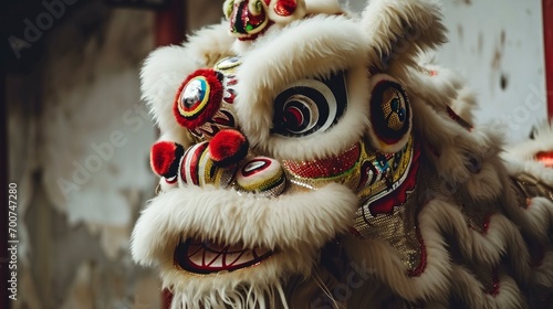 Chinese traditional lion dance costume performing at a temple in China, Lunar new year celebration, Chinese New Year