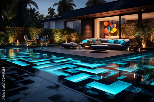 A modern backyard with a pool featuring a matte black tile design, contrasted by 3D intricate, glowing neon patterns, neon noir © Nairobi 