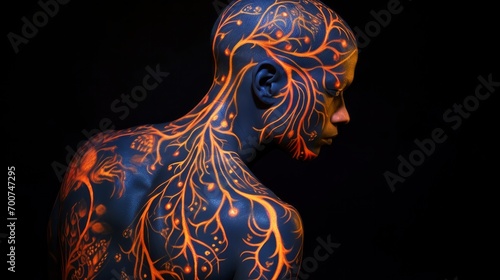 Man photo with colored luminous tattoos on her back