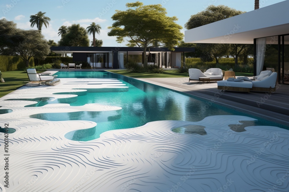 A modern backyard with a pool and a series of interactive, touch-sensitive floor tiles around it, creating 3D intricate, responsive patterns