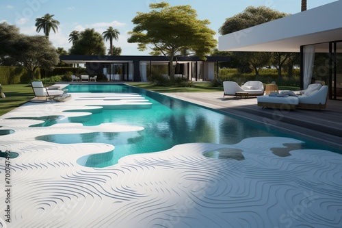 A modern backyard with a pool and a series of interactive, touch-sensitive floor tiles around it, creating 3D intricate, responsive patterns © Nairobi 