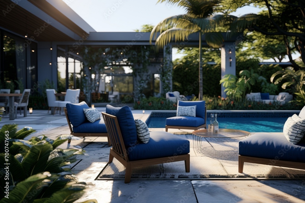 A modern luxury backyard with a 3D patterned swimming pool in vibrant shades of blue and green, surrounded by lush greenery and sleek outdoor furniture, captured in high definition