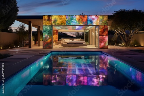 A modern luxury backyard with a sleek, rectangular pool featuring a glass side panel, through which 3D intricate, multicolored light patterns are visible, creating a stunning visual effect