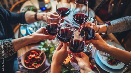 Joyful companions clinking crimson wine goblets at social gathering, group enjoying midday meal at pub eatery, lifestyle idea of friends and acquaintances dining and drinking. photo