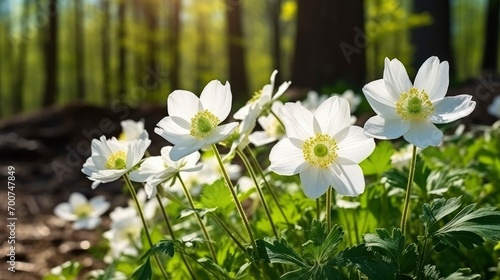 Beautiful white flowers of anemones in spring on background forest in sunlight in nature