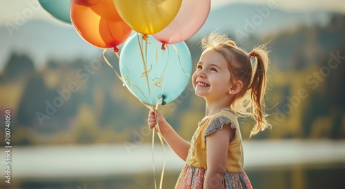 a little girl holding a bunch of balloons