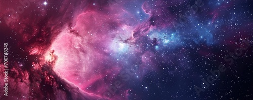 Concept of web banner. Magic color galaxy. Horizontal space background with realistic nebula, stardust and shining stars. Infinite universe and starry night sky.