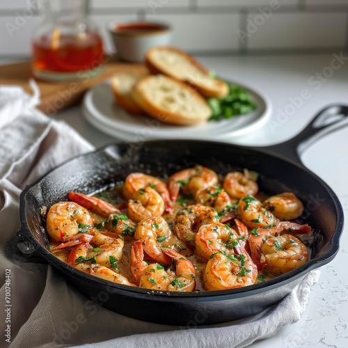 A cast iron skillet with garlic shrimp, on a white countertop. Behind the skillet is a plate with a portion of shrimp and bread