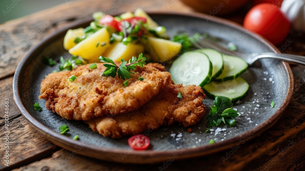 Classic fried schnitzel served with potato and cucumber salad on a rustic modern plate Classic fried schnitzel served with potato and cucumber salad on a rustic modern plate