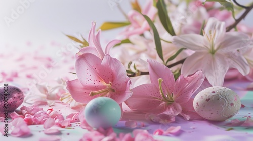 a pink sakura tree, lilies and Easter eggs on a colorful surface