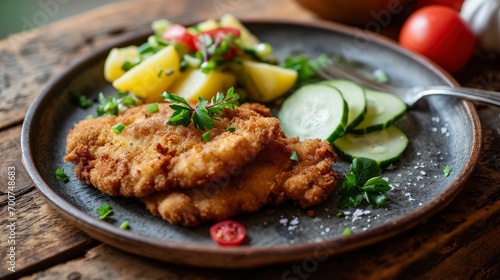 Classic fried schnitzel served with potato and cucumber salad on a rustic modern plate