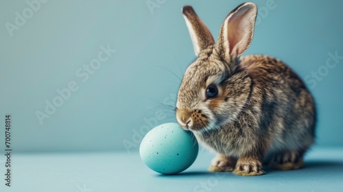 Easter bunny rabbit with blue painted egg on blue background. Easter holiday concept. © MstAsma