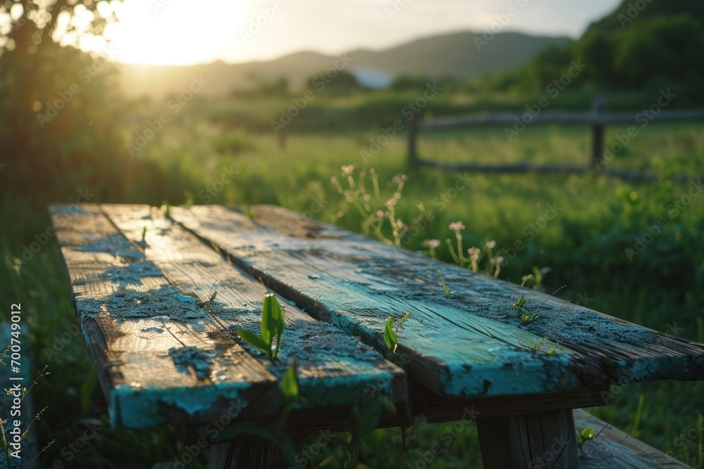 Fototapeta premium a table is sitting on the outside of an open field