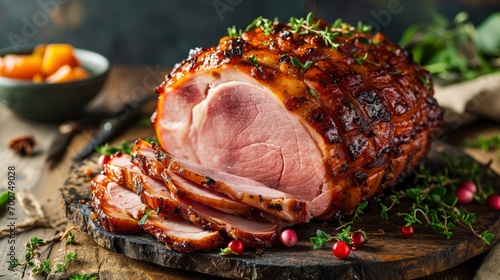 Homemade, warm, steaming Glazed Easter Spiral Cut Ham photo