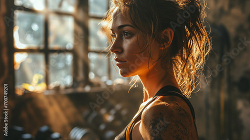 a woman working with a barbell weight in the gym, in the style of photo-realistic compositions, on, , dark beige and gray, , , eye-catching created by ai photo