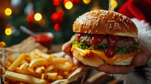 Christmas burger and french fries delivery menu. Santa hands with big tasty cheeseburger with french fries and ketchup sauce on festive Christmas and New Year decorated background photo