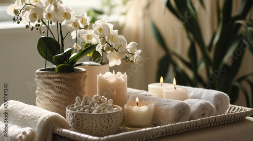 a tray with candles and towels  pots of flowers and plants on it