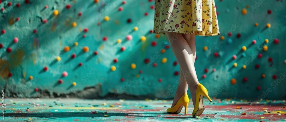 a woman with yellow high heels stands in front of a green wall