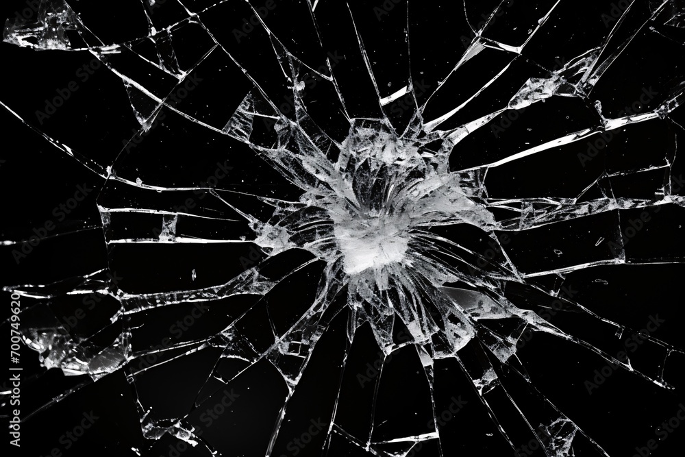 Shards of shattered glass with abstract grunge texture on black background.