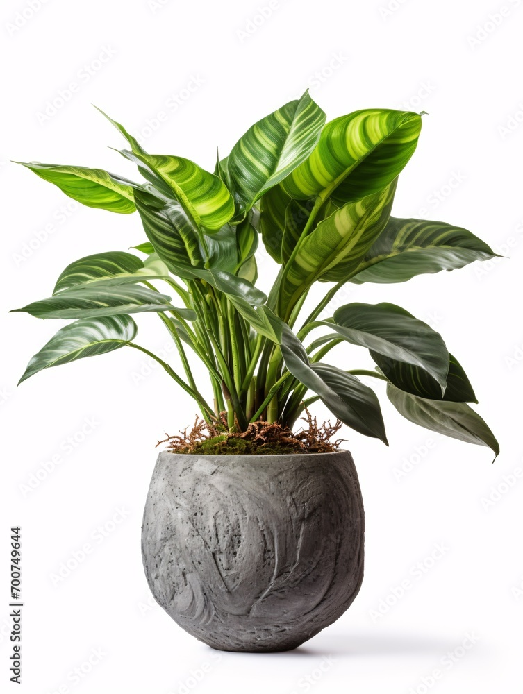 Potted green foliage on white background with stone planter. Potted green foliage on white background with stone planter.