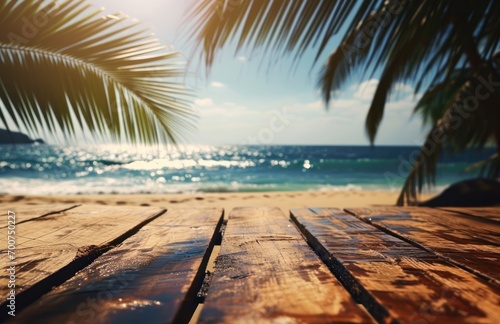 an image of wood table on the beach with palm tree leaves © olegganko