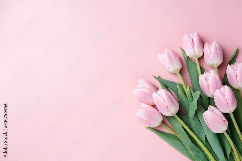 Pink tulip flowers on side of pastel pink background with copy space Pink tulip flowers on side of pastel pink background with copy space