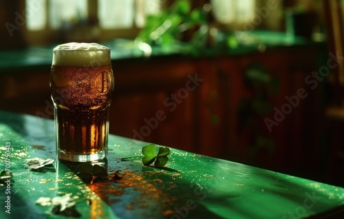an irish beer with two clover leaves sitting on a green table