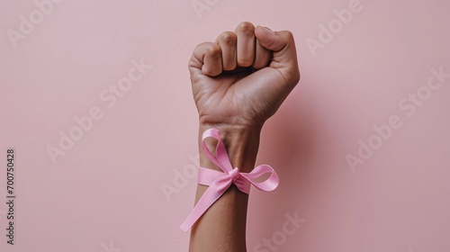Promoting Breast Cancer awareness through a powerful clenched hand and a pink ribbon on a soft pink background with space for text.