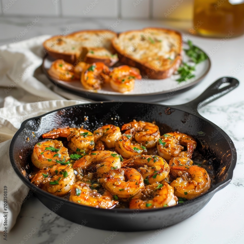 A cast iron skillet with garlic shrimp, on a white countertop. Behind the skillet is a plate with a portion of shrimp and bread A cast iron skillet with garlic shrimp, on a white countertop. Behind the skillet is a plate with a portion of shrimp and bread