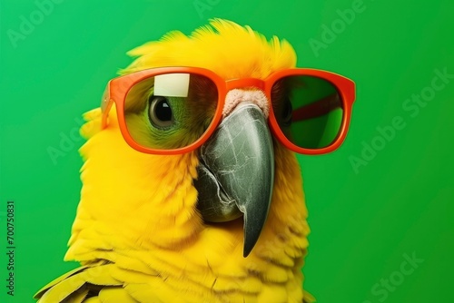 The yellow parrot wears sunglasses over a green background.