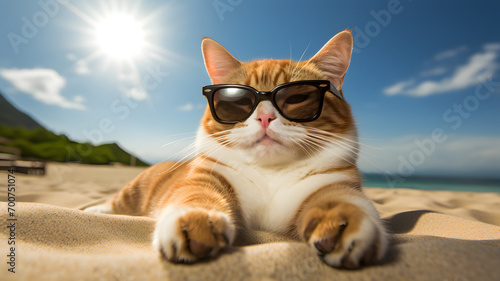 A cat resting on a beach by the sea