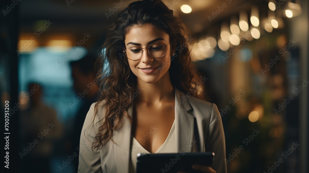 A youthful and joyful businesswoman utilizing a tablet near the window in the workplace, gazing at the camera. Blank area available. A youthful and joyful businesswoman utilizing a tablet near the window in the workplace, gazing at the camera. Blank area available.